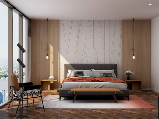 Quarto renovado, com uma parede branca e em madeira, com uma cama de casal, no apartamento de Xangai